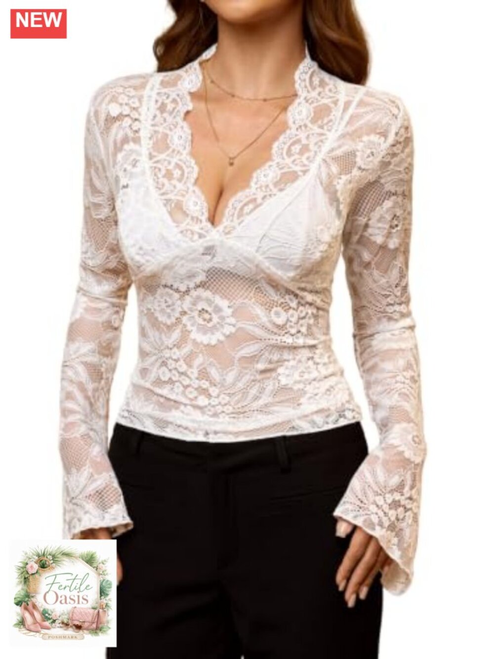 Sheer Lace Crop Top V Neck Bell Sleeve Blouse